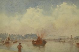 Watercolour. Harbour scene. Probably Edwardian but maybe earlier. H.46 X W.56 cm.
