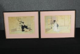 Two Japanese woodblock prints of Geishas. Signed with artist seal. Framed and glazed, 19th
