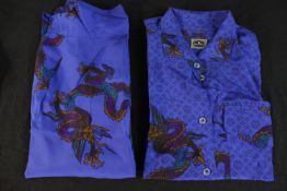 An Etienne Aigner bespoke made silk shirt and trouser set with Chinese dragon design, label to