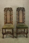 Hall chairs, pair late 19th century Carolean style oak. H.130cm. (each)