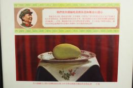 A framed Chinese propaganda poster featuring Chairman Mao and a mango. Chairman Mao was famously