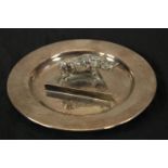 Carrington & Co. Silver plated Rhino set on a dish with a diameter of 17cm.