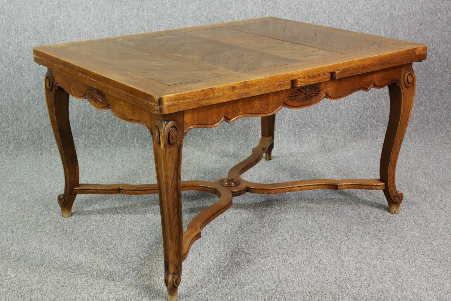 Dining table, French oak parquetry, extending with two extra leaves. H.75 W.130 W.180cm - Image 3 of 7