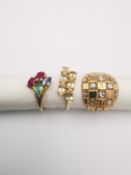 Three 20th century 9 carat gold gem-set rings, a rose and white gold checkerboard dress ring (2.