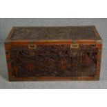 Travelling trunk, vintage Chinese carved camphorwood. H.50 W.105 D.53cm.