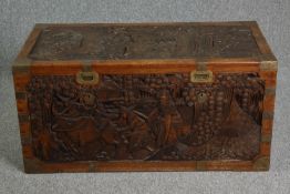Travelling trunk, vintage Chinese carved camphorwood. H.50 W.105 D.53cm.