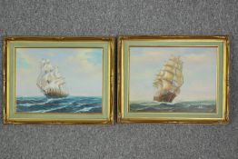 Two nautical oil on canvas paintings of ships. In decorative gilt frames. Signed indistinctly by the
