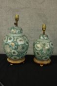 Two teal ceramic table lamps. With hand painted floral decoration and delicate gilt detailing. The