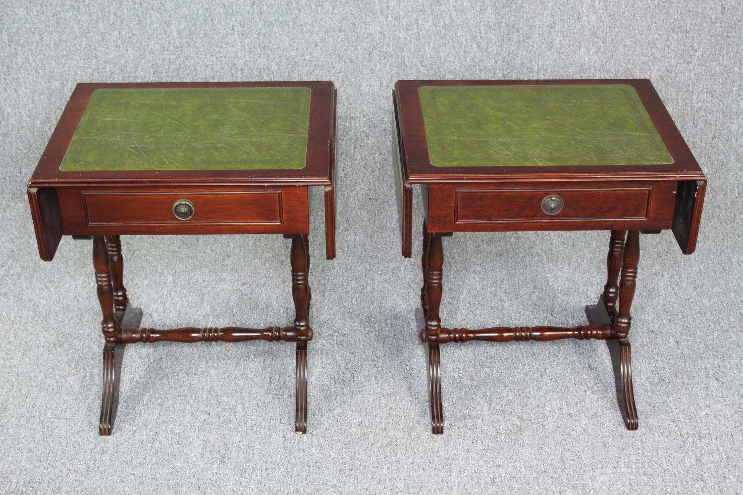 Lamp tables, a pair Georgian style mahogany. H.52 W.76 D.39. (extended)