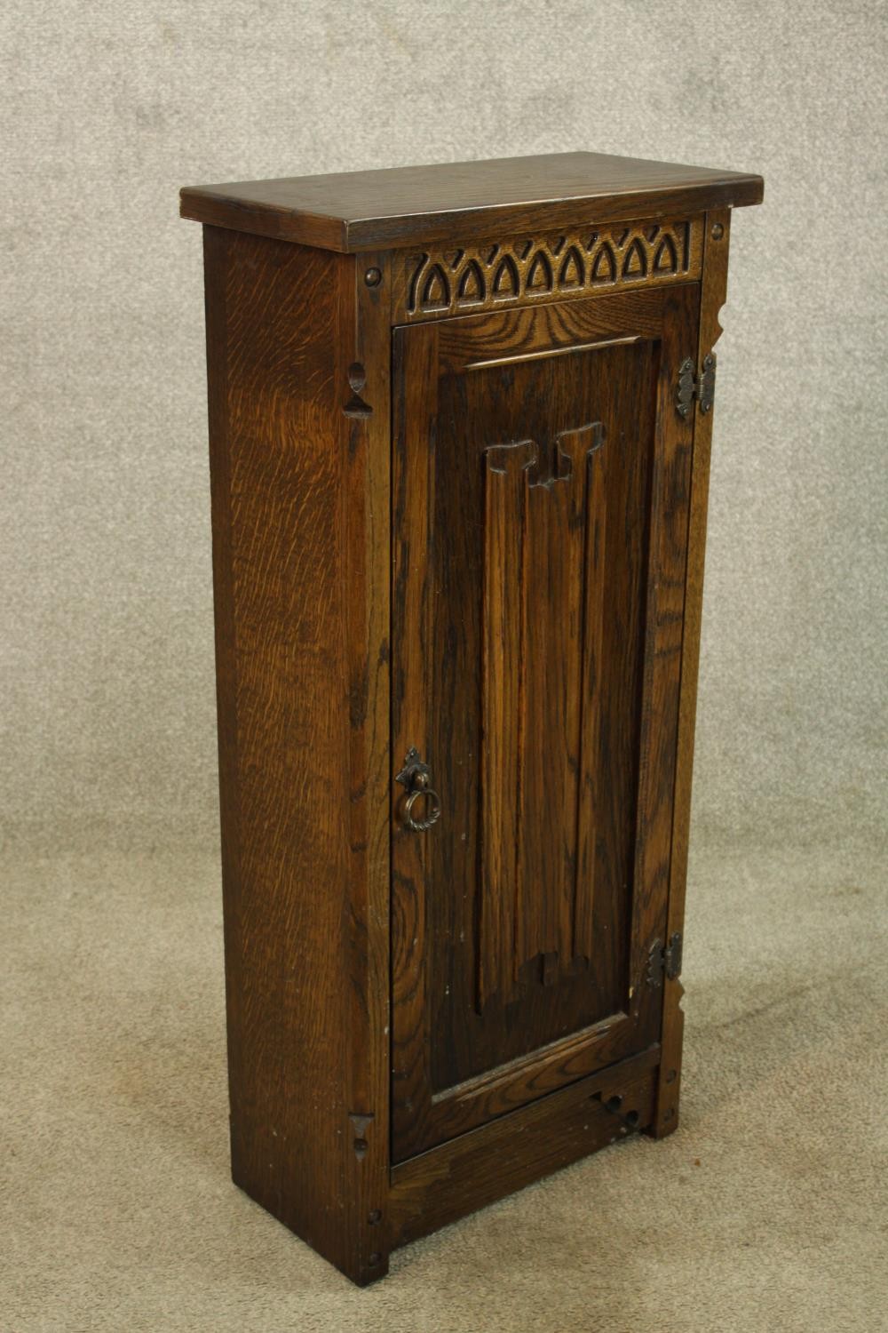Side cabinet, carved oak in the antique style with maker's label. H.85 W.40cm. - Image 2 of 5