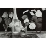 Jan Hardisty Photographic still life of leaves, a bottle and glasses. Signed bottom Jan Harding?