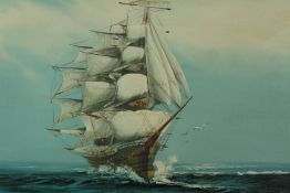 A gilt framed oil on board, 19th century schooner, indistinctly signed. H.60 W.70cm.