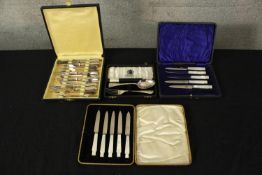 Four boxes of silver plated cutlery including a fork and spoon made by Elkington & Co. The knives