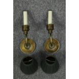 A pair of brass wall lights with matching shades. Each measuring H.30 x W.12 cm.