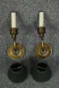 A pair of brass wall lights with matching shades. Each measuring H.30 x W.12 cm.