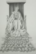 A surrealist drawing. A large Madonna and Child. The Madonna's face and dress are made up of