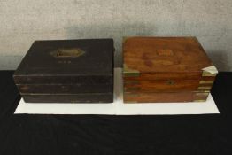 Two 19th century writing slopes, one leather bound, the other walnut and brass. H.17 W.35 D.27cm. (