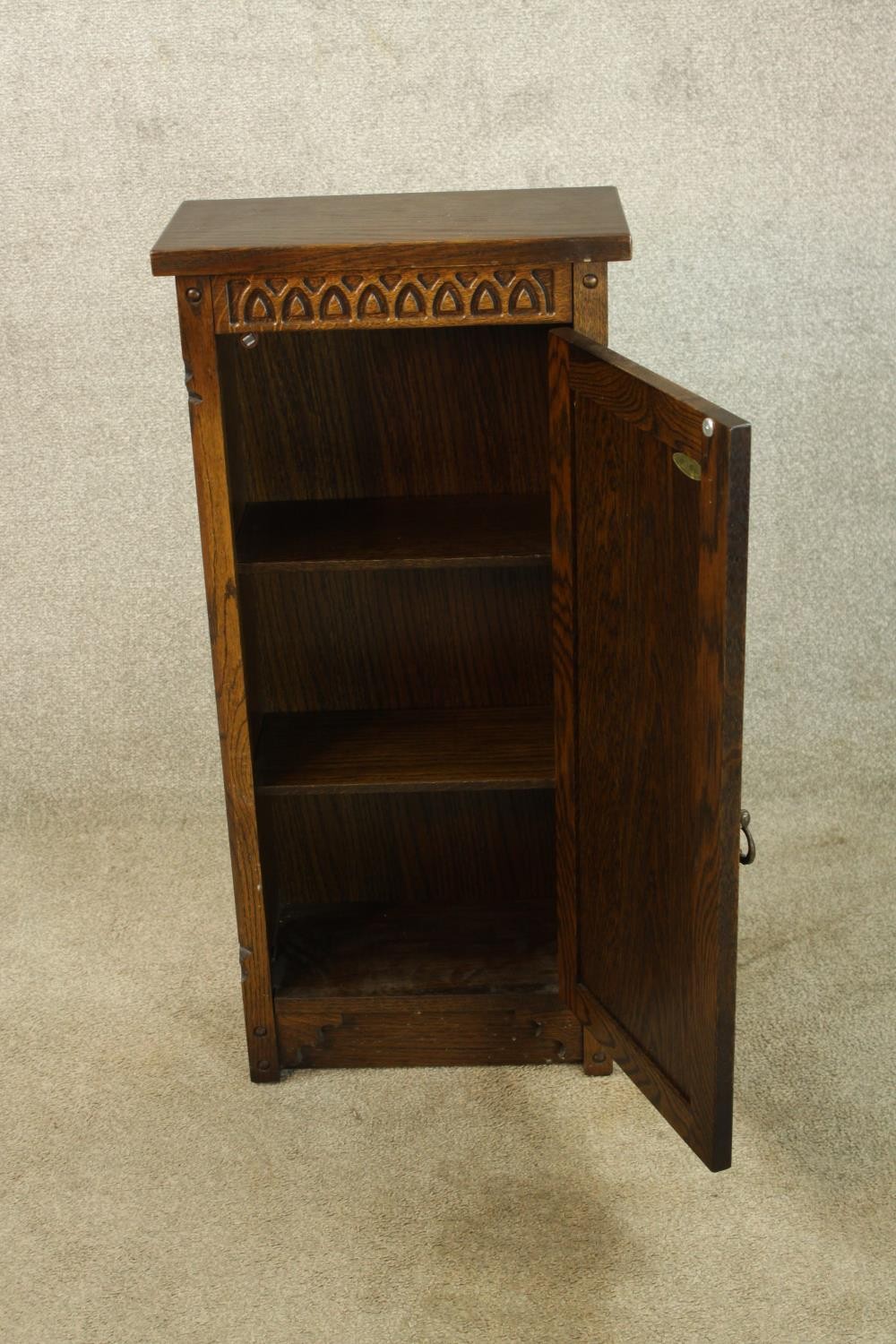 Side cabinet, carved oak in the antique style with maker's label. H.85 W.40cm. - Image 4 of 5