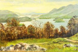 Oil on board. Eve Scoons. Landscape painting titled ‘Derwent waters Cumberland’. 1992. H.45 x W.64