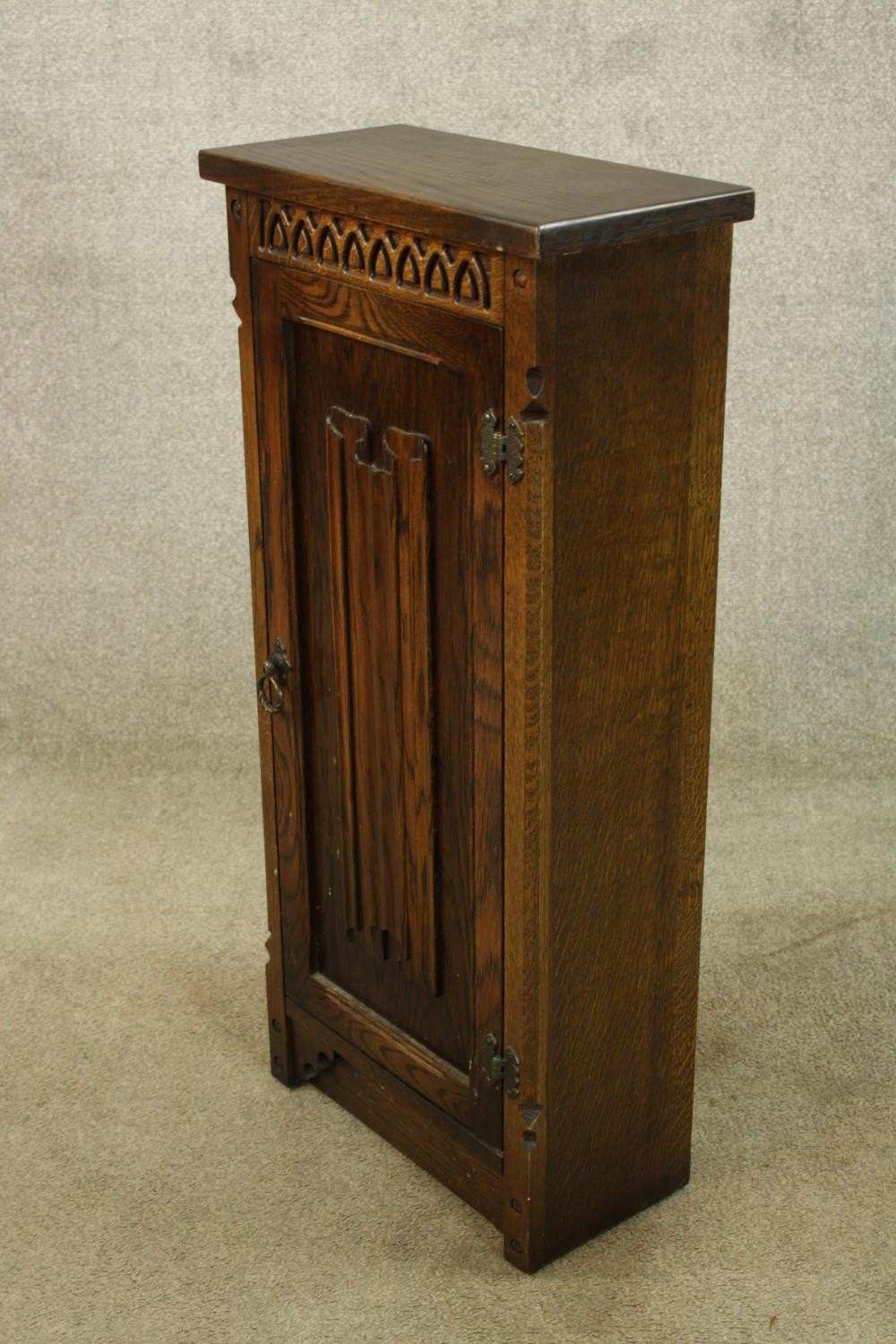 Side cabinet, carved oak in the antique style with maker's label. H.85 W.40cm. - Image 3 of 5