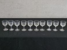 Ten Thomas Webb cut glass wine glasses, the tapering stem raised on circular foot, etched marks to