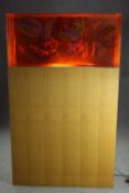 A contemporary uplit decorative art glass case on teak stand. H.167 W.101 D.30cm.