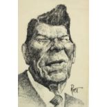 A Caricature portrait of President Ronald Reagan. Framed and glazed. Signed indistinctly by the