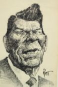 A Caricature portrait of President Ronald Reagan. Framed and glazed. Signed indistinctly by the