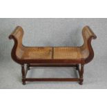 Window seat, caned mahogany. H.77 W.112 D.50cm.