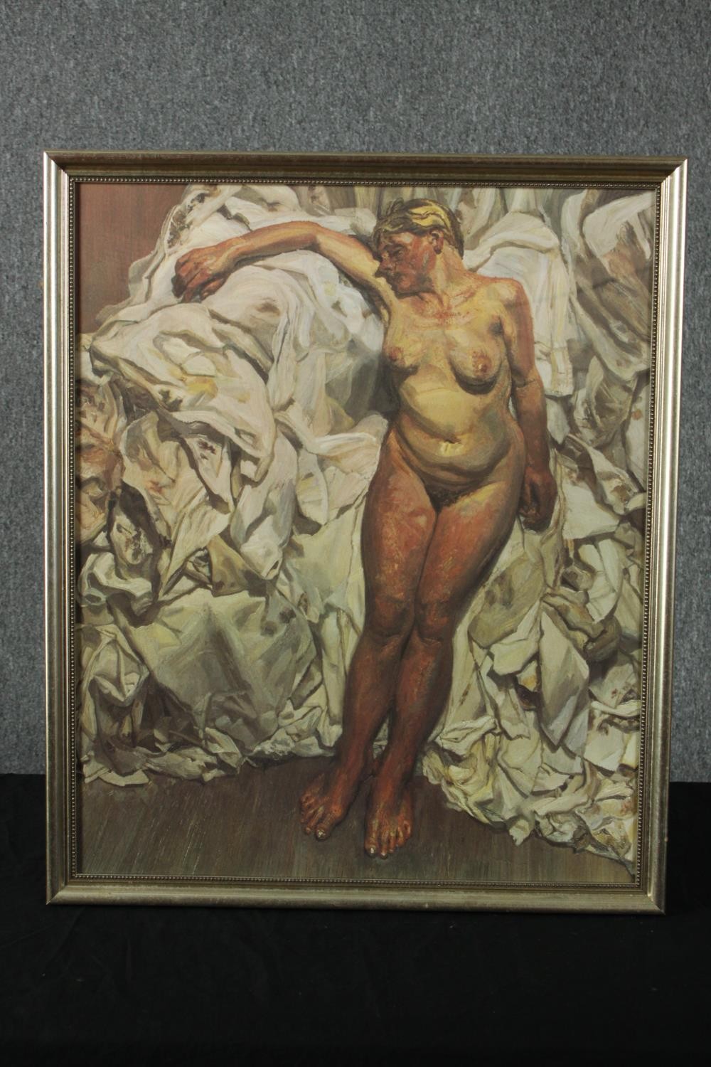 Print. Female nude on sheets. Probably Lucien Freud. Framed. H.66 x W.55 cm. - Image 2 of 3