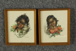 A pair of portrait prints of Australian children holding flowers and a Koala. Signed P. Maltby’.