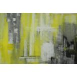 Large oil on canvas abstract painting in yellows and greys. Signed indistinctly by the artist.