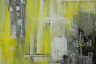 Large oil on canvas abstract painting in yellows and greys. Signed indistinctly by the artist.