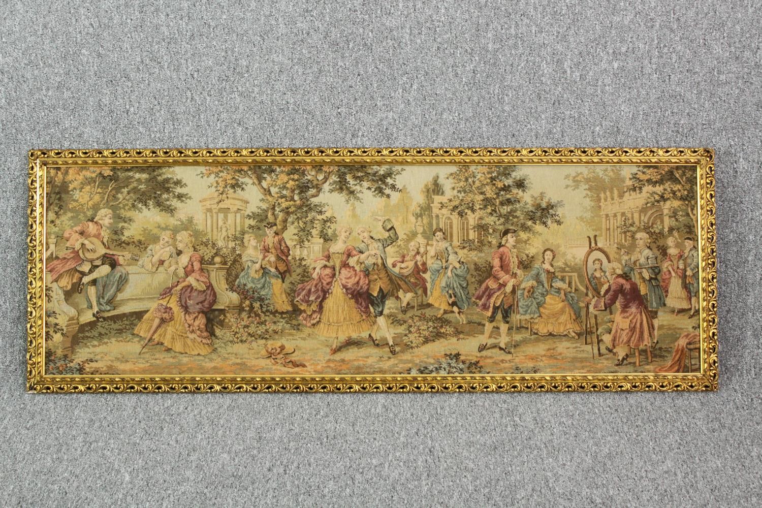 Aubusson style tapestry. In a decorative gilt frame. Early to mid twentieth century. H.53 x W.148