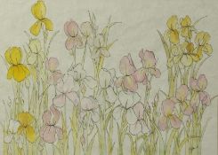 Watercolour on thin Japanese rice paper. Flowers. Signed indistinctly bottom right. Mounted and