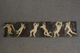 Ceramic tiled figures. Painted nudes in various poses. The largest measures H.37 x W.29 x D.10 cm.