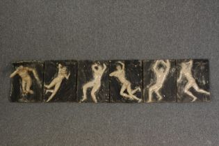 Ceramic tiled figures. Painted nudes in various poses. The largest measures H.37 x W.29 x D.10 cm.
