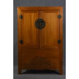 Hall cupboard, Chinese carved hardwood with fitted base section. H.165 W.109 D.49 cm
