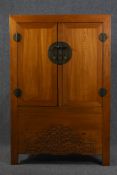 Hall cupboard, Chinese carved hardwood with fitted base section. H.165 W.109 D.49 cm