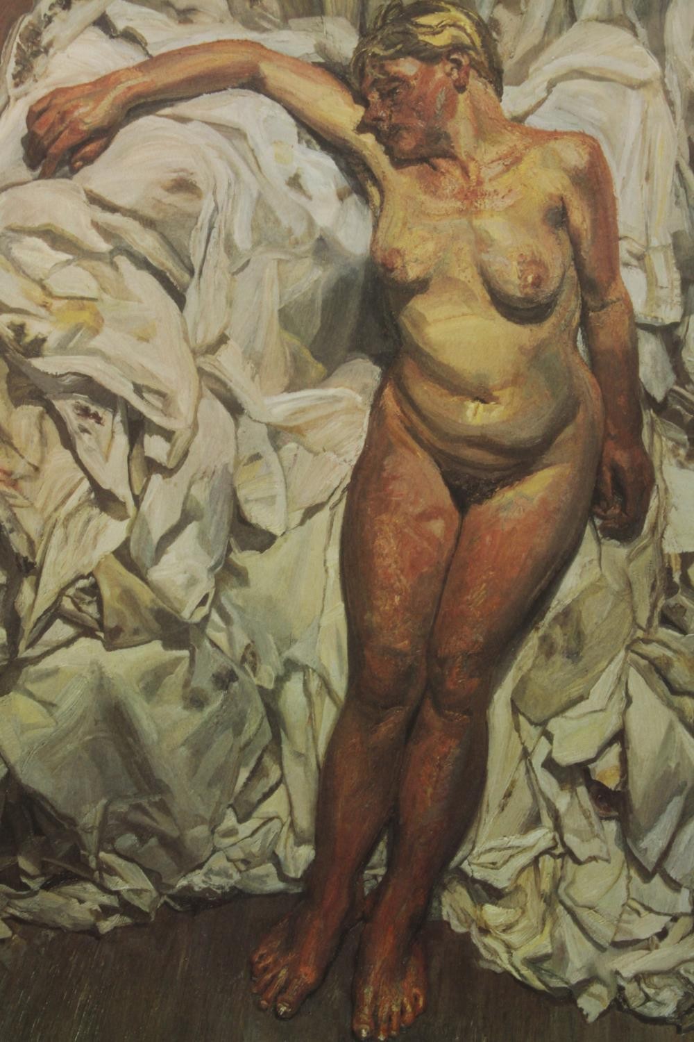 Print. Female nude on sheets. Probably Lucien Freud. Framed. H.66 x W.55 cm.