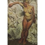 Print. Female nude on sheets. Probably Lucien Freud. Framed. H.66 x W.55 cm.