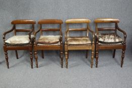 Dining armchairs, a set of four 19th century with strung seats and cowhide squab cushions. In need