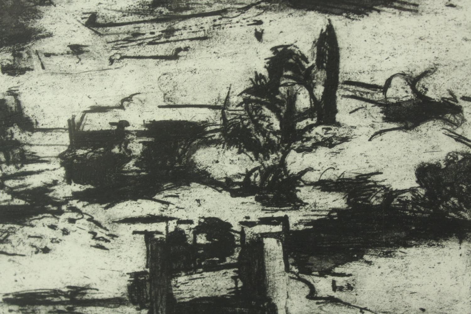 Jane Joseph (British b. 1942). Two etchings titled 'Brentford Low Tide'. Framed and glazed. - Image 2 of 8