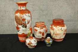 A mixed Japanese Satsuma pottery collection made up of two vases, two ginger jars and one small pot.