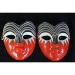 A pair of carved wooden Chinese lacquered masks. Twentieth century. H.20 x W.17 cm.