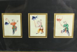 Three Chinese watercolours on pith paper of children dancing with fish and lucky bat lanterns.