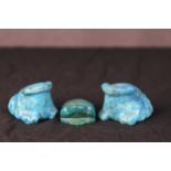 Three Chinese carved blue hardstone frogs of various forms. H.5 x W.8 x D.5 cm