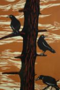 Paul Hogg (British). Crows in a Tree. Woodcut. Framed and glazed. H.72 x W.41 cm.