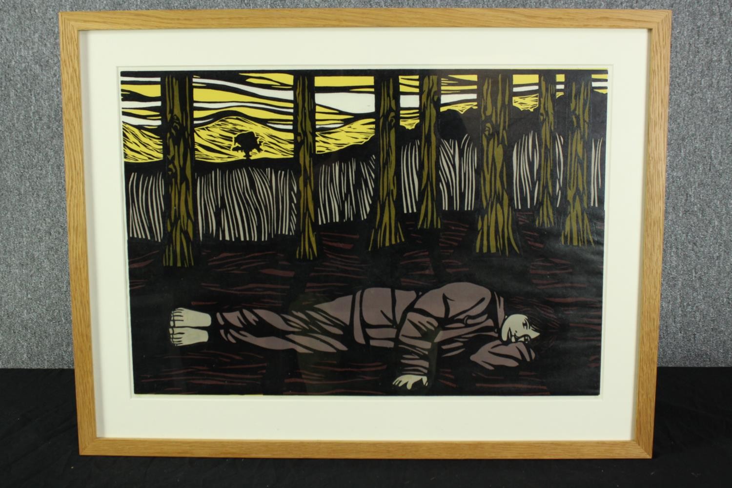 Paul Hogg (British). 'Boy in a wood II'. Woodcut. Framed and glazed. H.51 x W.67 cm. - Image 2 of 3