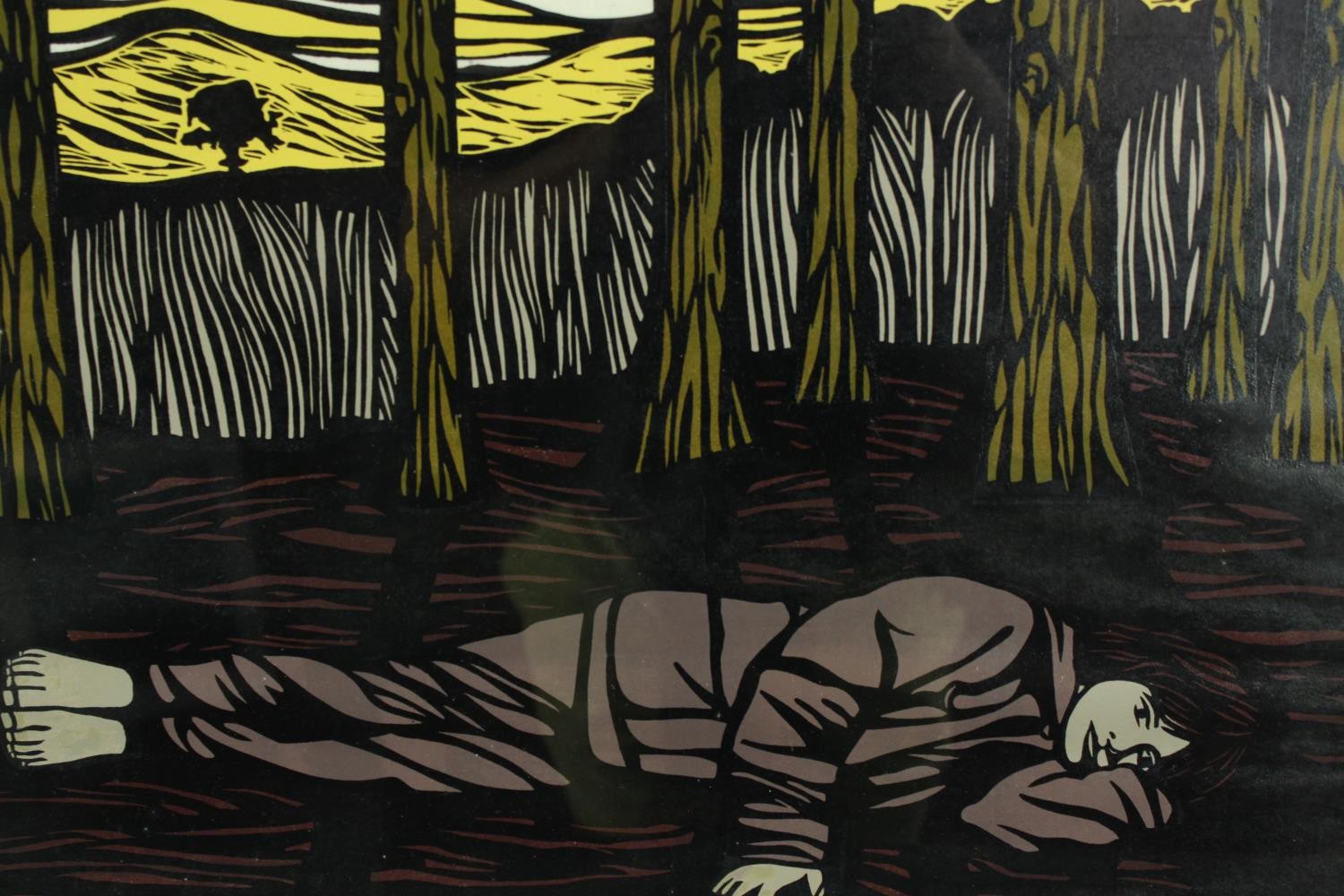 Paul Hogg (British). 'Boy in a wood II'. Woodcut. Framed and glazed. H.51 x W.67 cm.